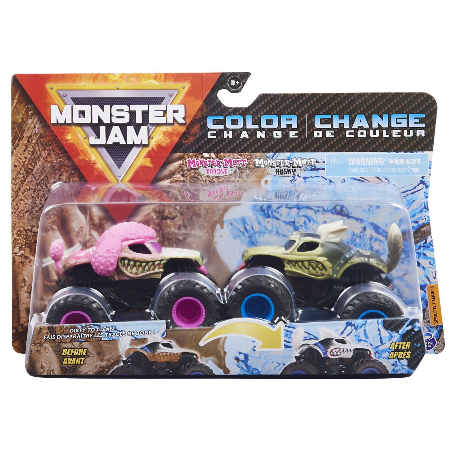 Monster Jam, Official Monster Mutt Poodle vs. Monster Mutt Husky Color-Changing Die-Cast Monster Trucks, 1:64 Scale