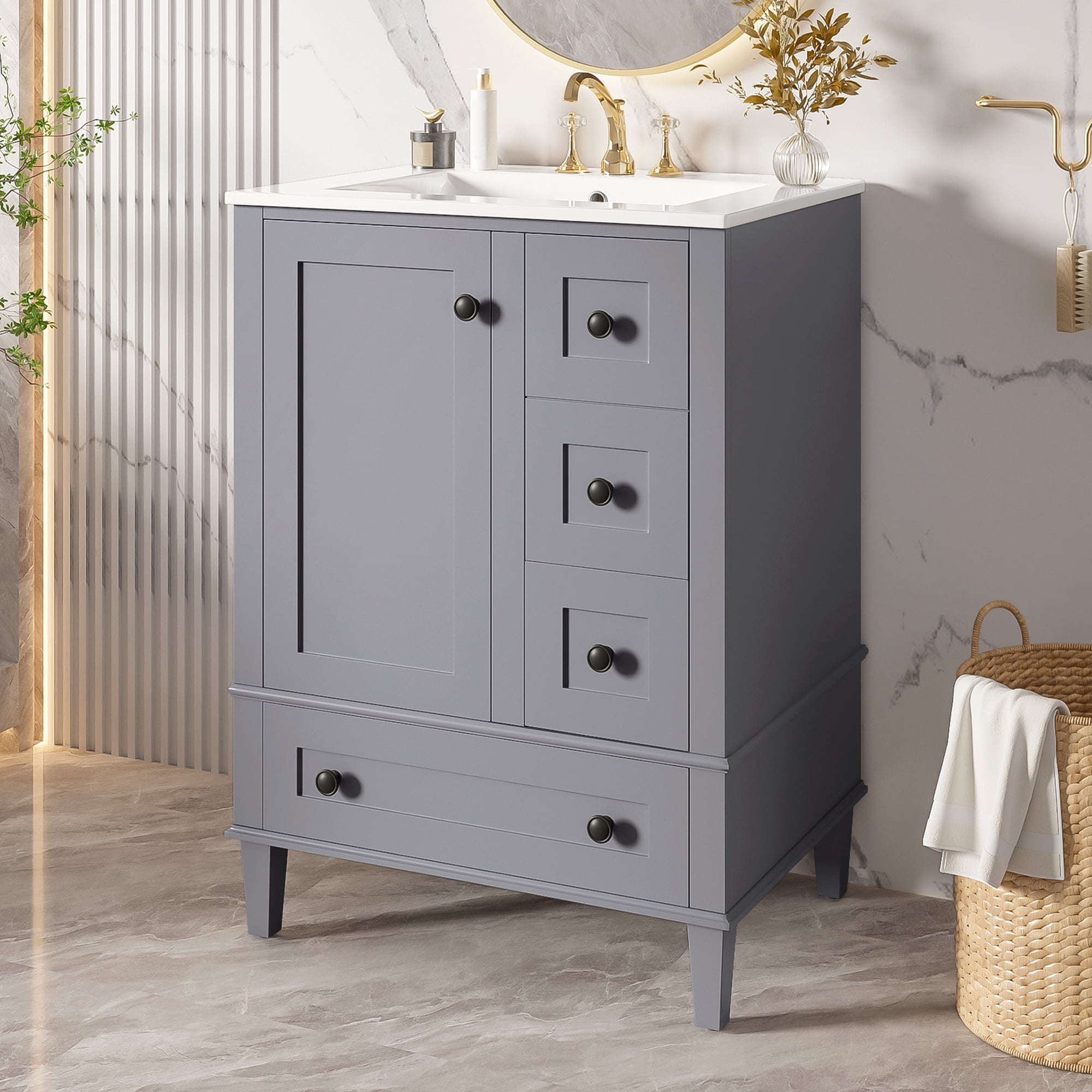Euroco 24-inch gray bathroom vanity with an integrated ceramic basin, featuring a door-mounted double-layer shelf, soft-close drawers, and a soft-close cabinet door.