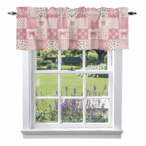 Pink Theme Valances for Windows, Cute Bow Love Roses Plaid Polka Dot Patchwork Retro Valance Window Treatment Rod Pocket Short Curtains Valances for Kitchen Bathroom 60"W x 18"L