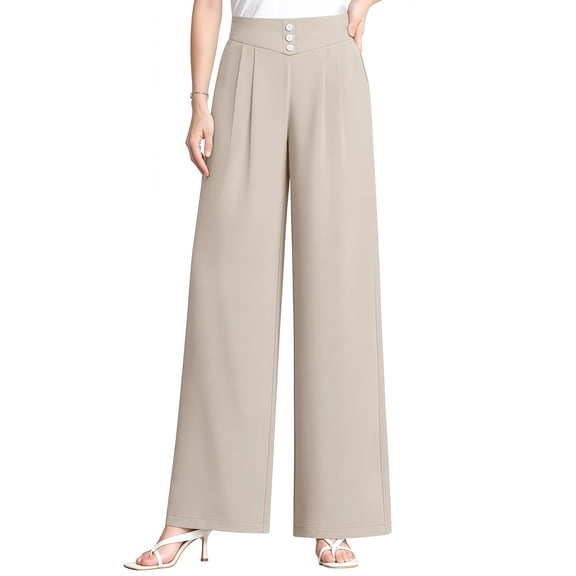 Womens Wide Leg Dress Pants 2026 Business Casual Flowy Work Palazzo Pants High Waisted Slacks Trousers Beige M