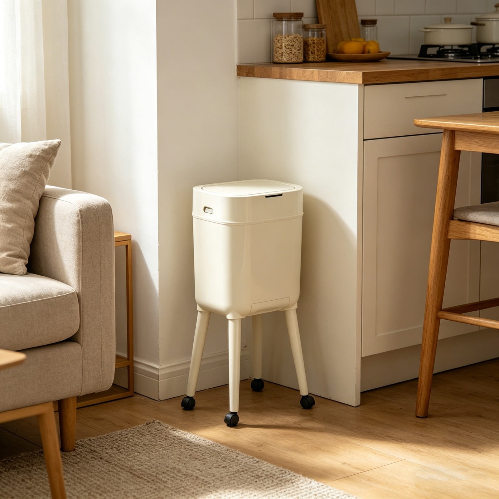 Bomd Modern High-Legged Trash Can with Wheels, Modern Narrow Garbage Can with Raised Legs, Space-Saving Rolling Dog-Proof Trash Bin for Bathroom, Kitchen, Bedroom, Office ，White