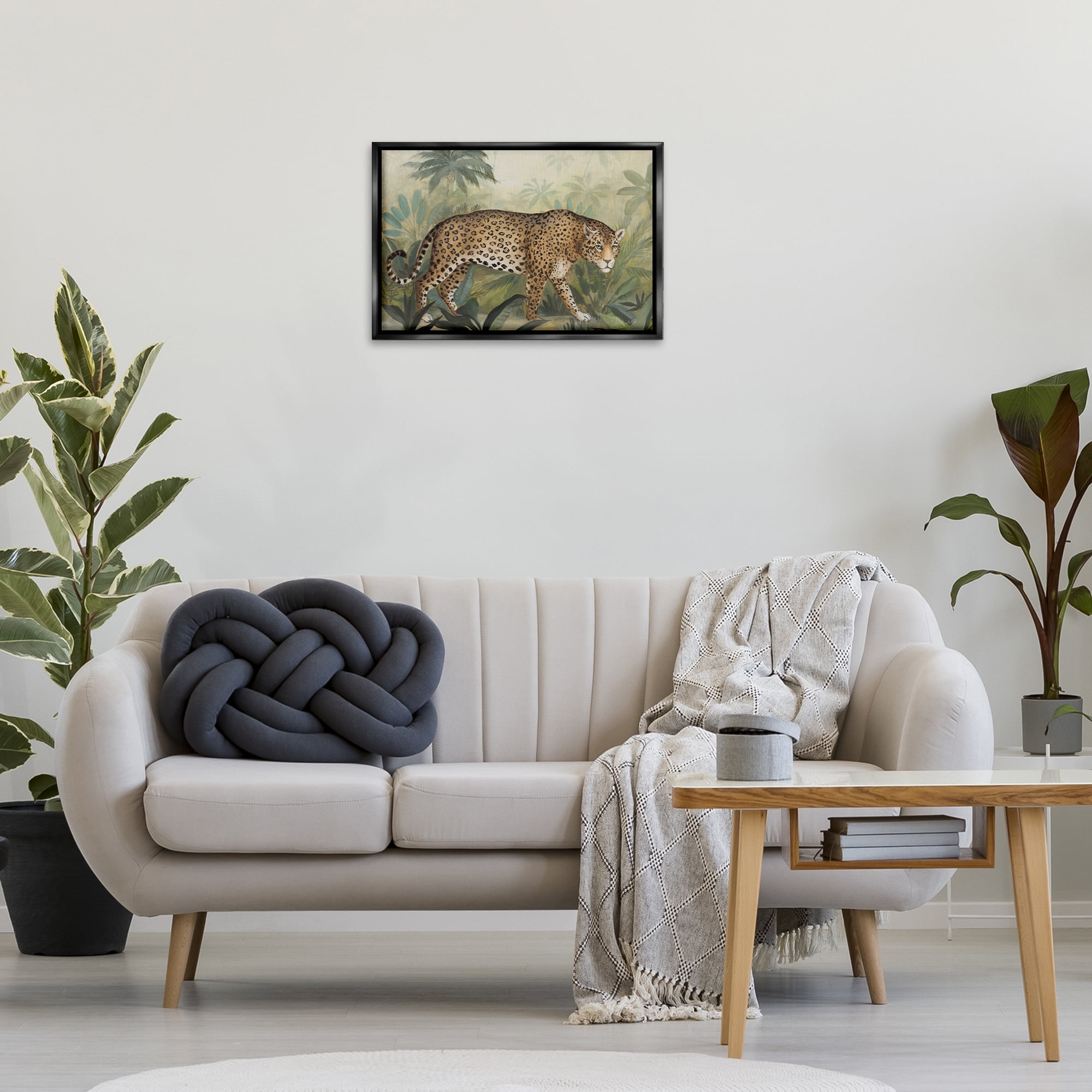 Stupell Industries Prowling Leopard in Forest Landscape Painting Black Floater Framed Canvas Art Print Wall Art, 25 x 17