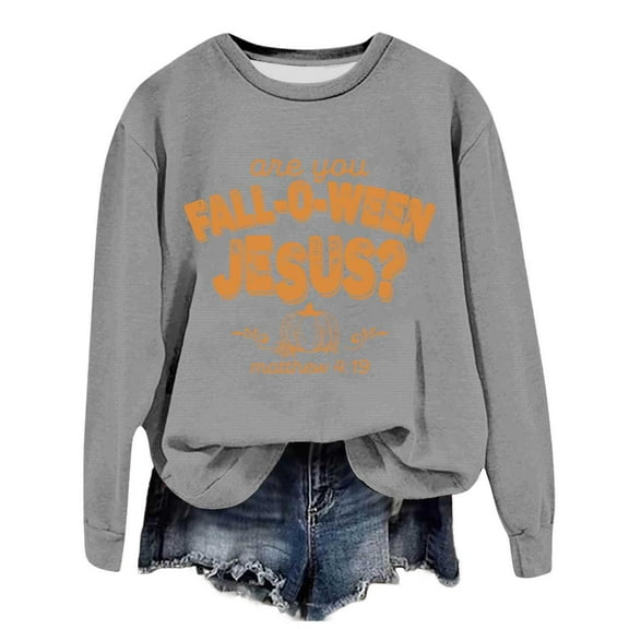 Womens Long Sleeve Shirts Tops Halloween Pumpkin Print Sweat Fashion Casual Pullover Winter Fall Clothes for Women Tees Blouses Grey XL