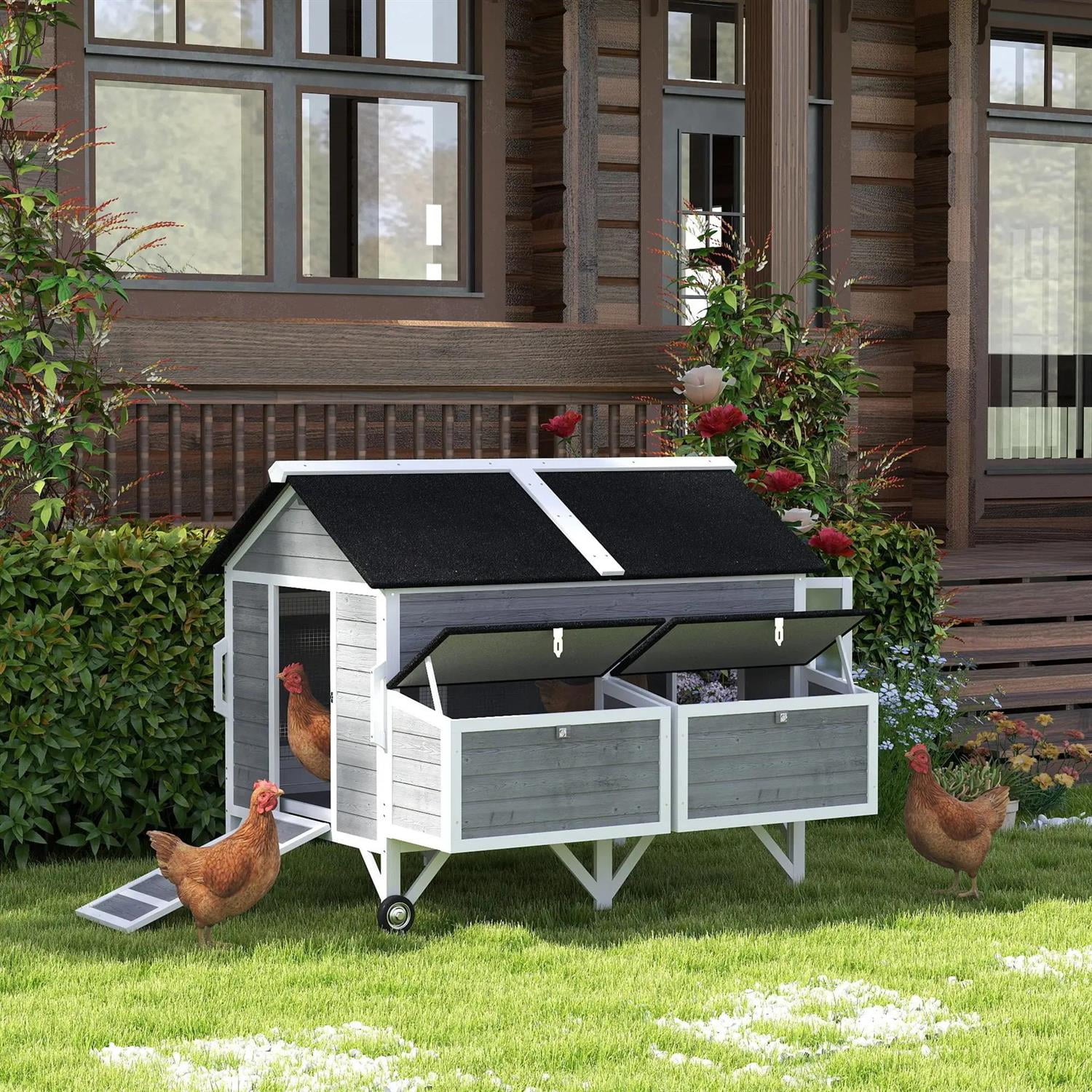 Pefilos 59" Large Chicken Coop Rabbit Hutch, Outdoor Wooden Poultry Cage Hen House with Nesting Box, Wheels, Tray for Garden Backyard, Gray