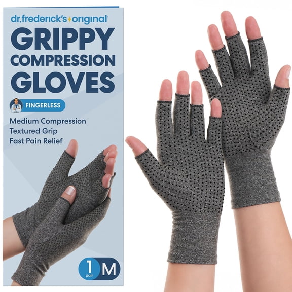 Dr. Frederick's Original Arthritis Compression Gloves, Fingerless with Grip, Gray, Medium