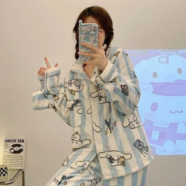 Sanrio-Pijama de franela de Cinnamoroll para mujer, ropa de dormir de felpa suave, cárdigan, Tops, pantalones, dibujos animados, Melody Kuromi, conjunto de 2 piezas