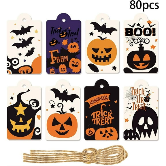 80Pcs Halloween Tags with String Cute Ghost Pumpkin Devil Bat Pattern 8 Designs
Halloween Tags for Candy Bag Gift Wrapping Halloween Party Favors Supplies Decor Halloween Hanging Tags Crafts