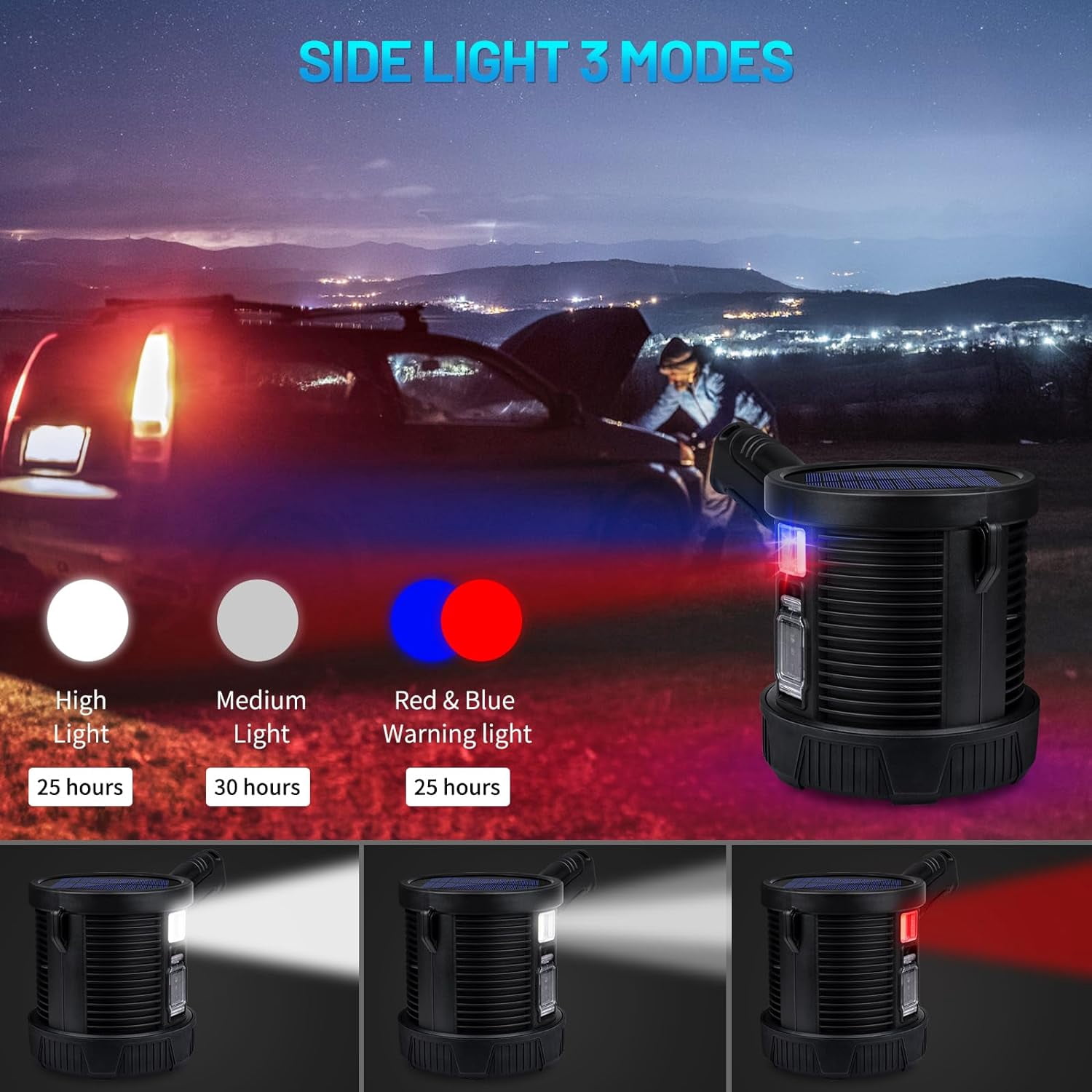 Spotlight Flashlight Outdoor, 900,000 Lumen Brightest Rechargeable Spotlight with Solar Panels &amp; 6 Modes, Powerful LED Spotlights 30H Long Runtime, Large Handheld Spot Light for Boating Hunting