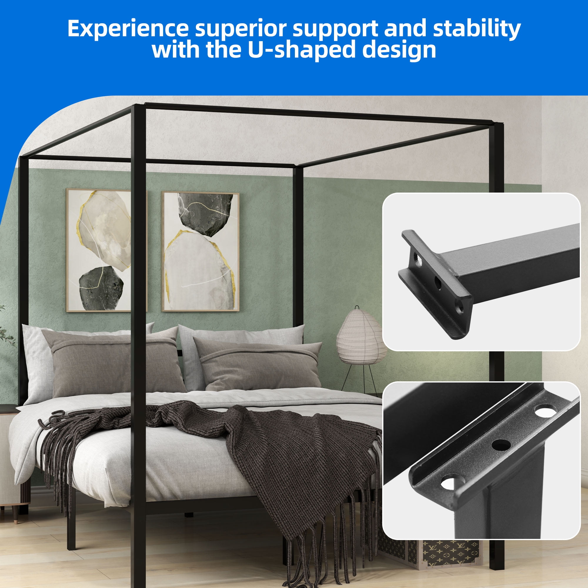 Dextrus Queen Size Metal Canopy Bed Frame 14" Platform, No Box Spring Needed, Black