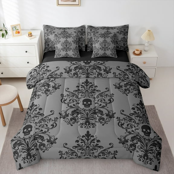 jejeloiu Damask Victorian Flower 7-Piece Twin Bedding Sets,Halloween Skleleton Bedding Comforter Set,Gray Black Sheet Sets For Men Women,Lightweight Room Decorative Reversible
