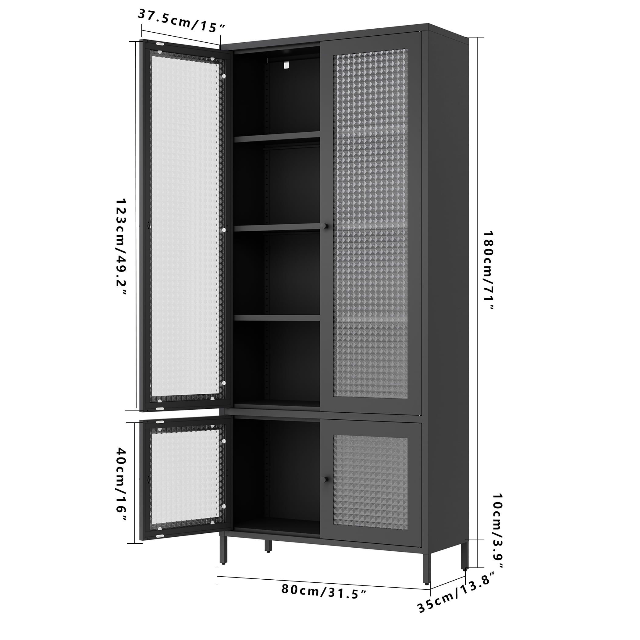 Large Metal Storage Cabinet Display Cabinet with 4 Glass Doors 5 Shelves Side Cabinet Bookcase Freestanding Cabinet for Bedroom Living Room Pantry Home Office - Black, Waffle