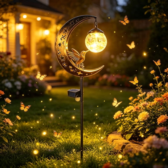 Hummingbird Moon Solar Garden Stake Light,Waterproof Half Moon LED Pathway Decor Crackle Hanging Glass Globe Ball Metal Crescent for Outside Yard Patio Lawn Outdoor Decor,1PC