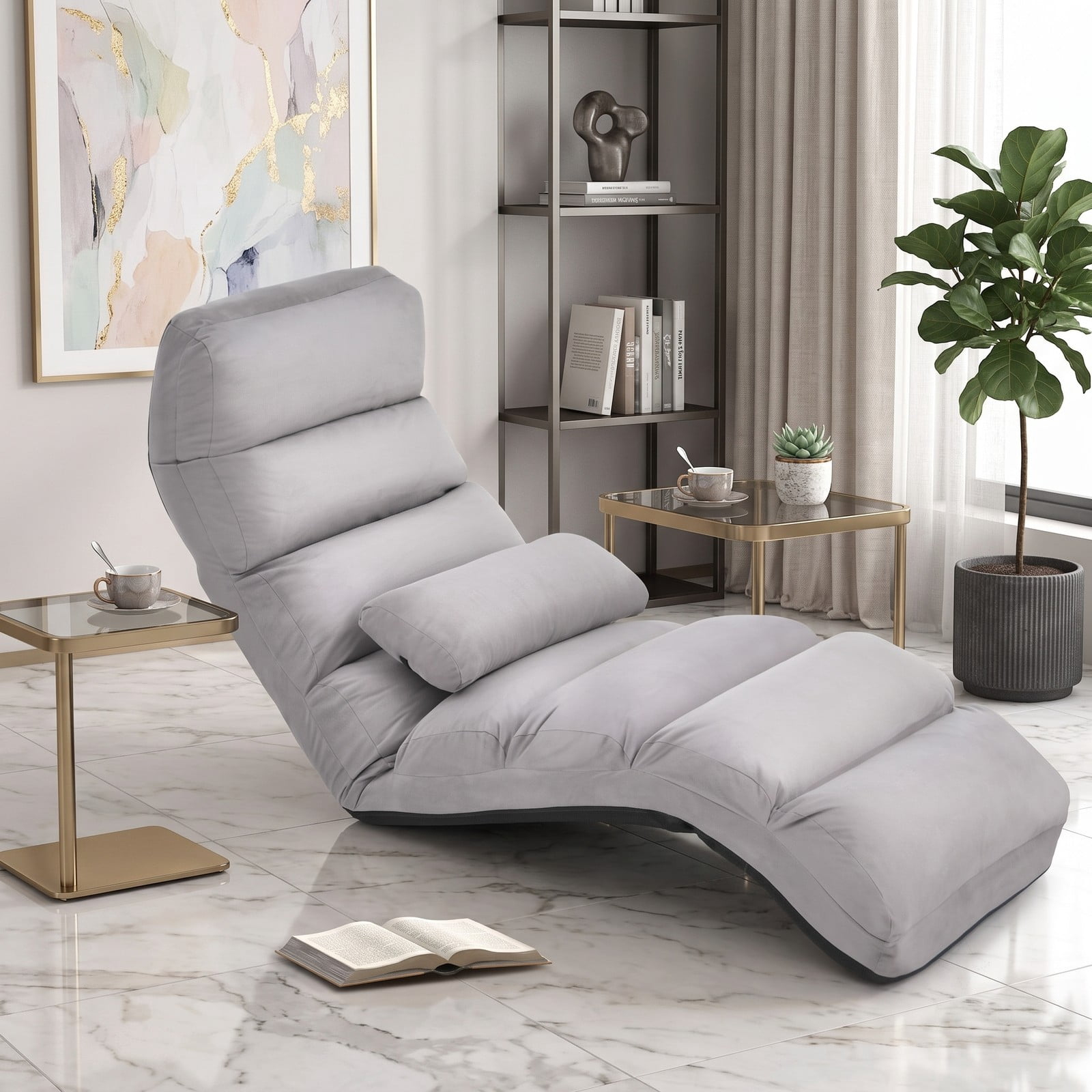 Furnibear Folding Lazy Sofa Floor Chair, 5-Position Adjustable Faux Suede Padded Recliner Lounger with Steel Frame and Free Pillow for Gaming Reading TV, Gray