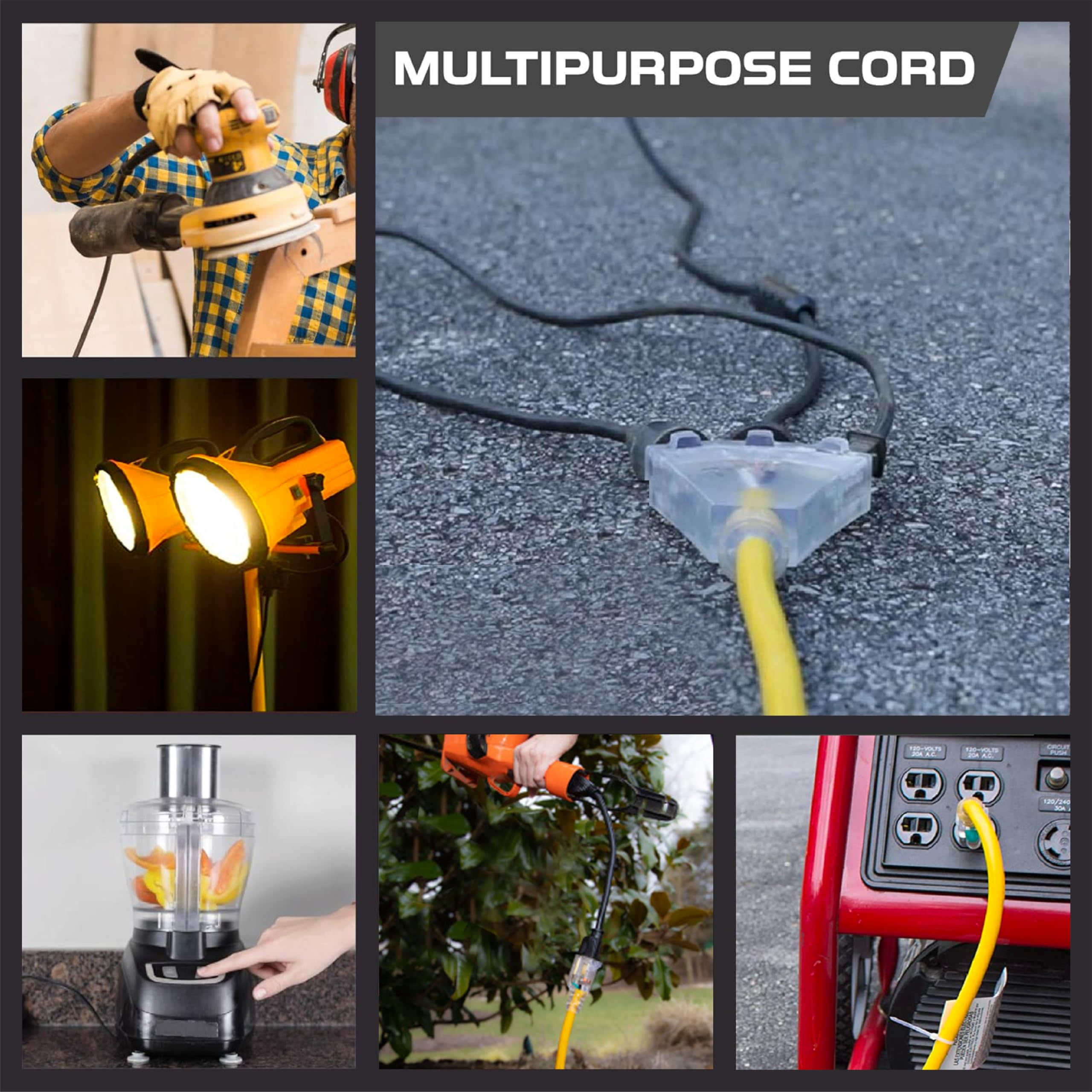 Iron Forge Cable 25ft Yellow Outdoor Extension Cord with 3 Outlets - 14/3 SJTW 15 Amp 25ft Extension Cord 3 Prong - Multiple Outlets with Lighted End