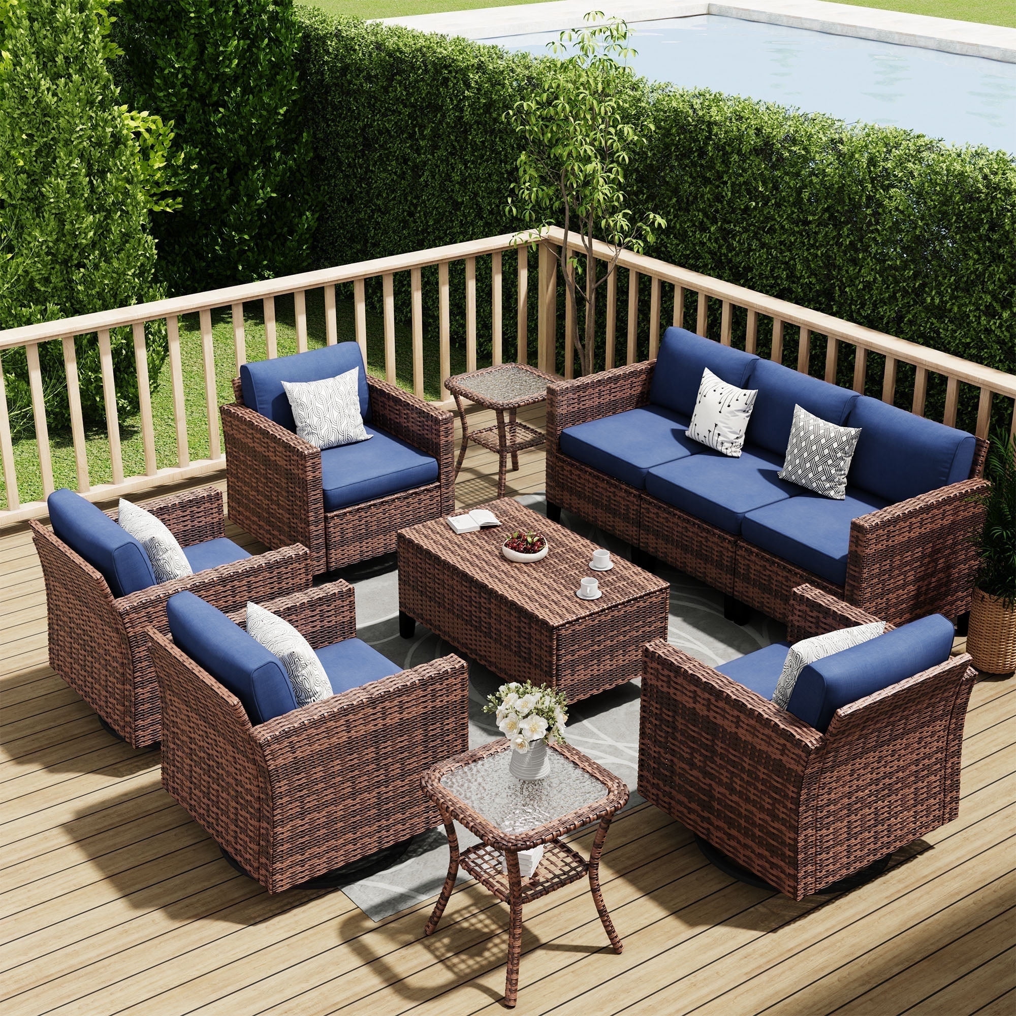 ELPOSUN Patio Furniture 10 Peces Wicker Outdoor Sectional Sofa Sets, Rattan Conversation Set with Storage Table, Swivel Chairs for Backyard, Pool, Navy（Include Waterproof Covers ）
