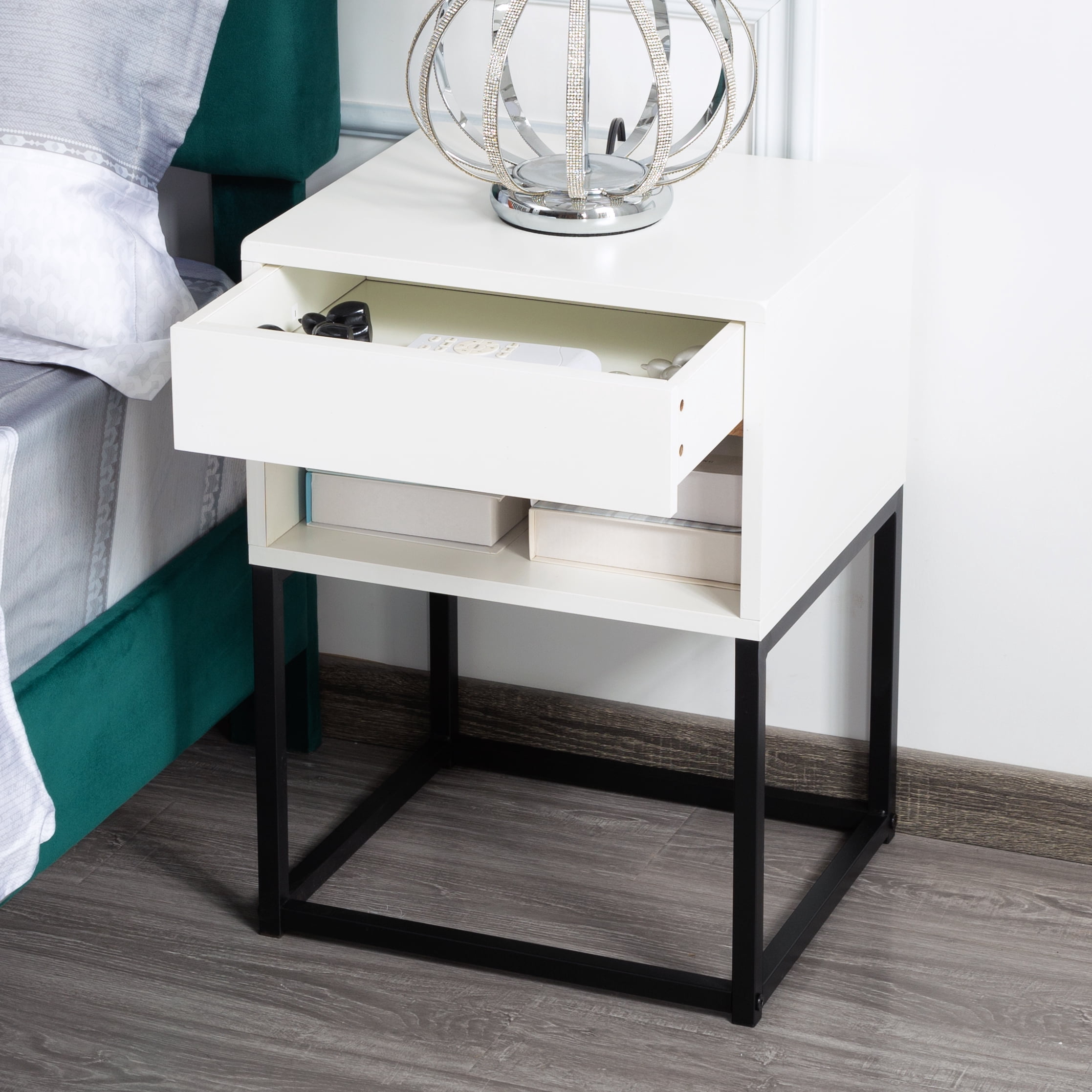 Gewnee 15.91”Nightstand with Drawer and Shelf,MDF & Metal Legs,Small Side Table for Bedroom,Living Room,Home Office,Easy Assembly.White