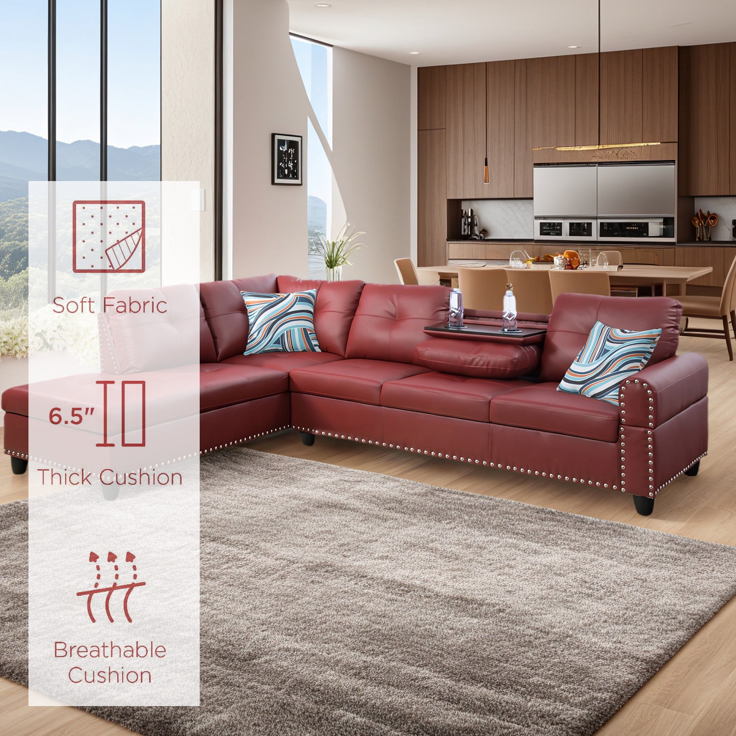 4-seater L-shaped sofawith 90° Swivel Cup Holders, apartment, living room, and office sofa(Includes 2 Pillows)