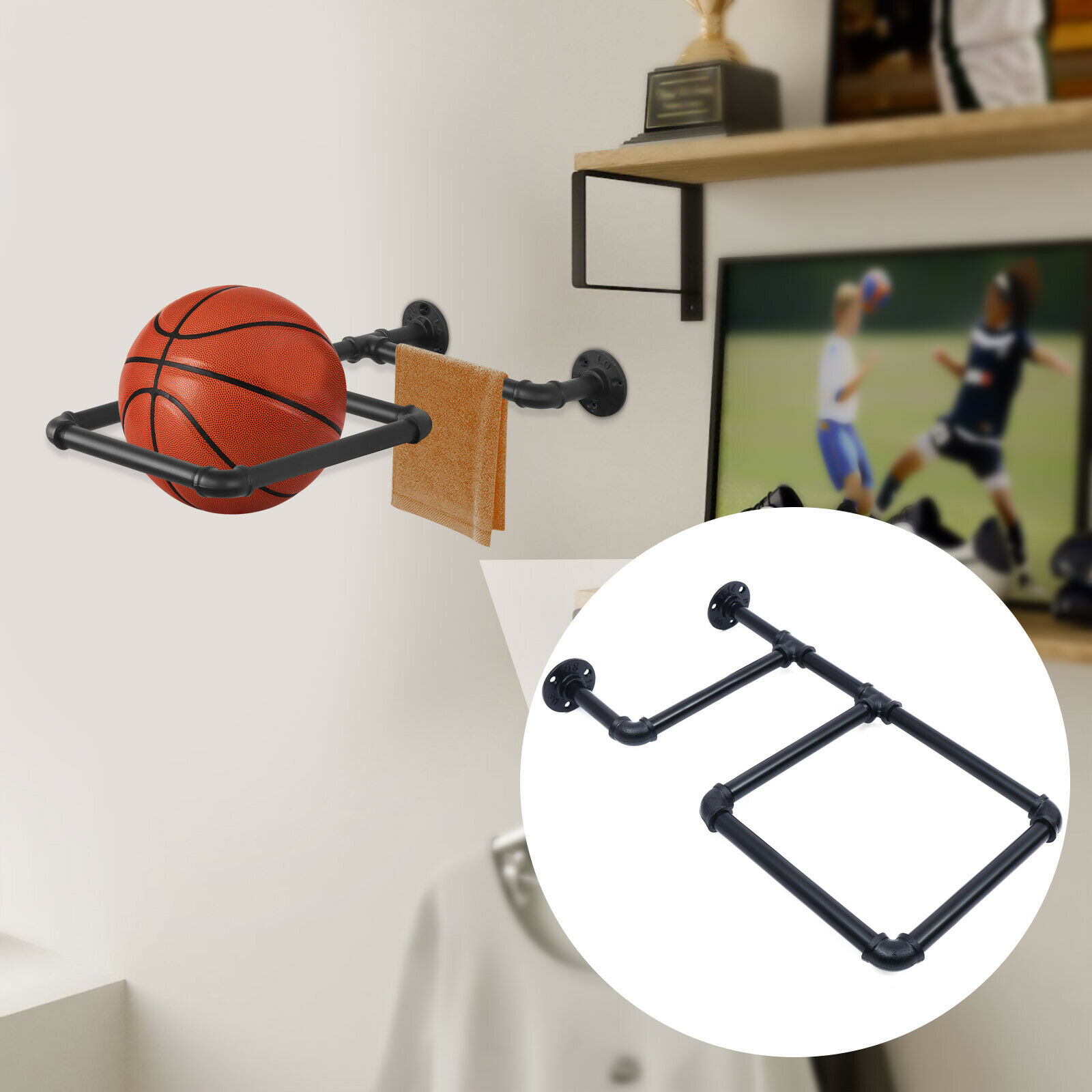 Flkoendmall Metal Wall Mount Volleyball Bracket Basketball Soccer Balls Storage Display Rack