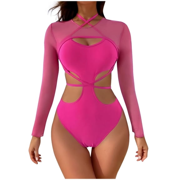 ZQUUVOU 2 Piece Swimsuit for Women High Waist Cutout One Piece Monokini Swimsuit with Long Sleeve Coverups Beach Outfits Hot Pink