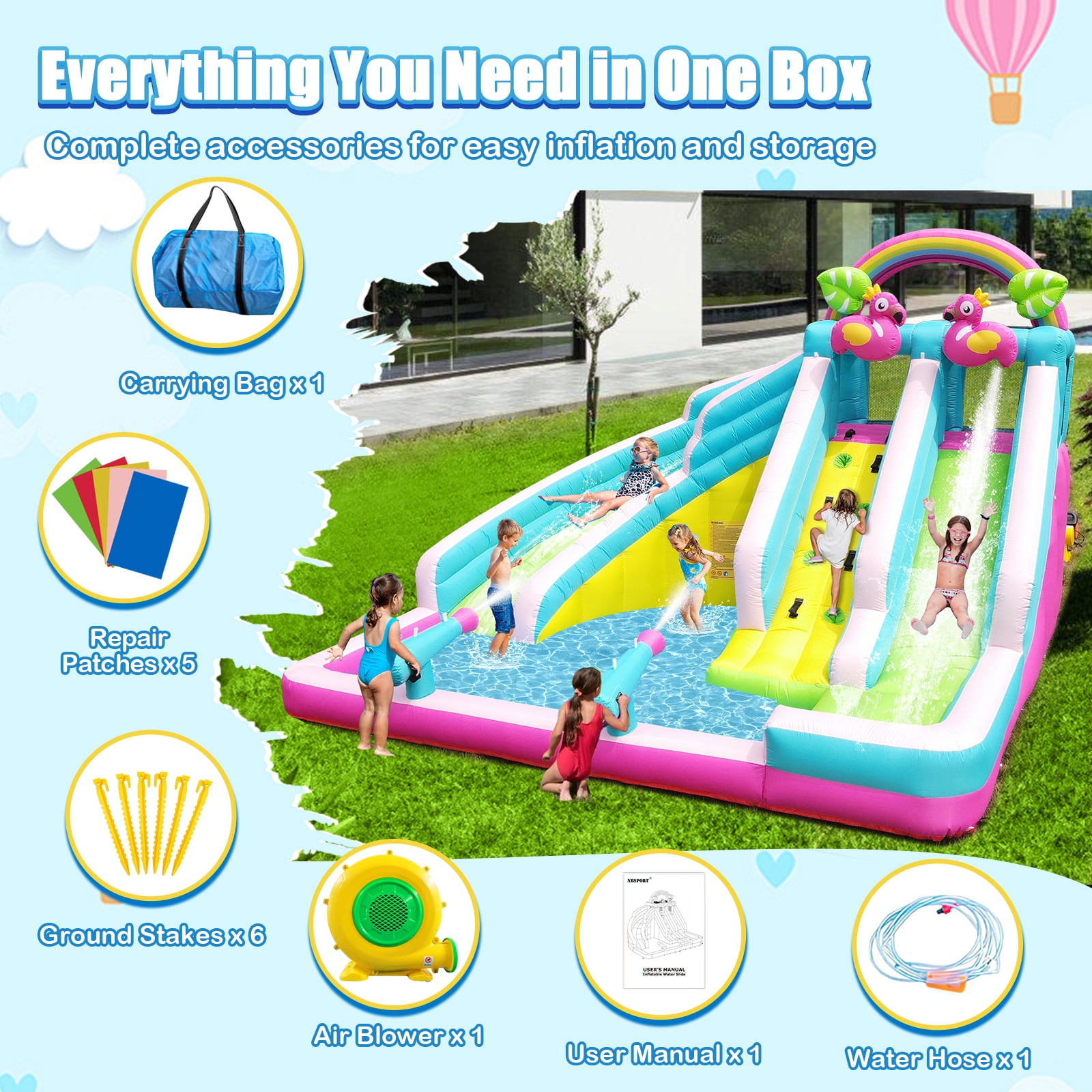 HEMOPOW 6-in-1 Inflatable Flamingo Water Park: Double Slides, Bounce & Splash Pool for Indoor/Outdoor Kids Ages 3-10