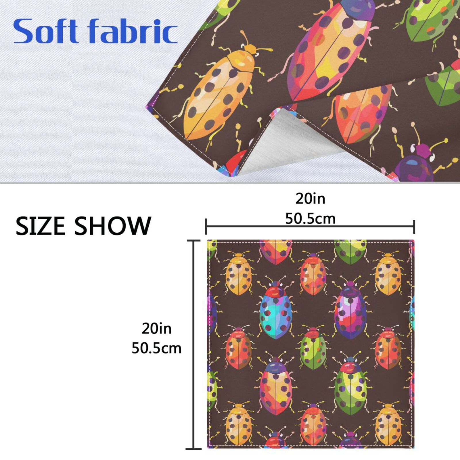 JSTEL Rainbow Lady Bug Cloth Napkins Set of 6, 20x20 Inch Washable and Reusable Napkin for Decoupage Dinner Party Everyday Use