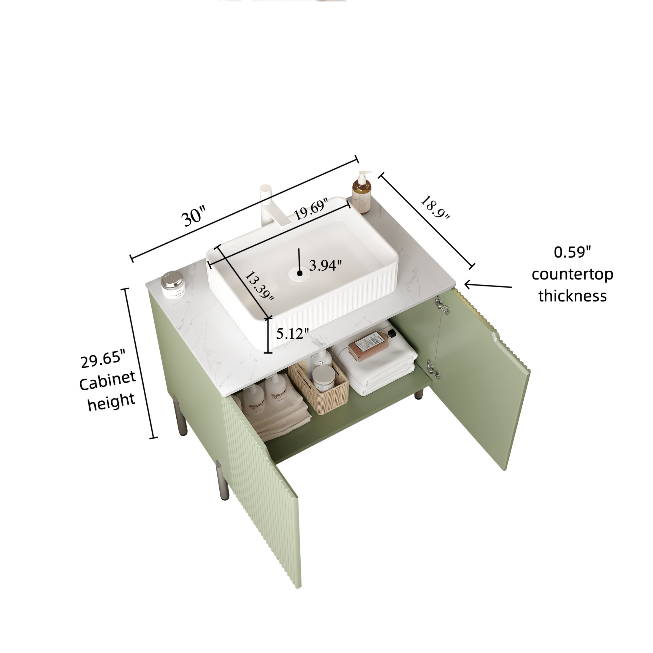 Noble House TURIO 30" Bathroom Vanity with Sintered Stone Countertop, Storage Cabinet, White Rectangle Basin, Light Green