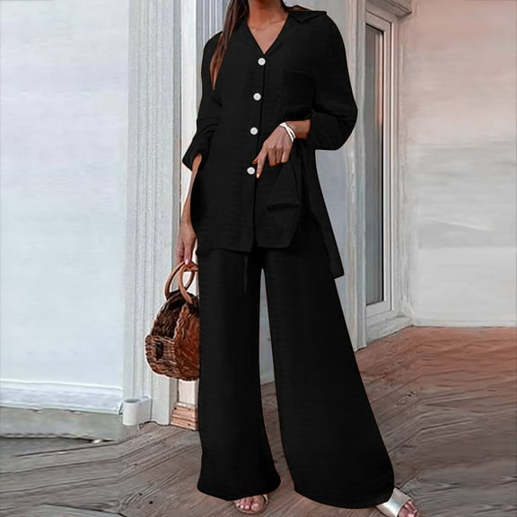 AOOCHASLIY Women Suits Women's Solid Cotton Linen Long Sleeved Shirt Lapel Set