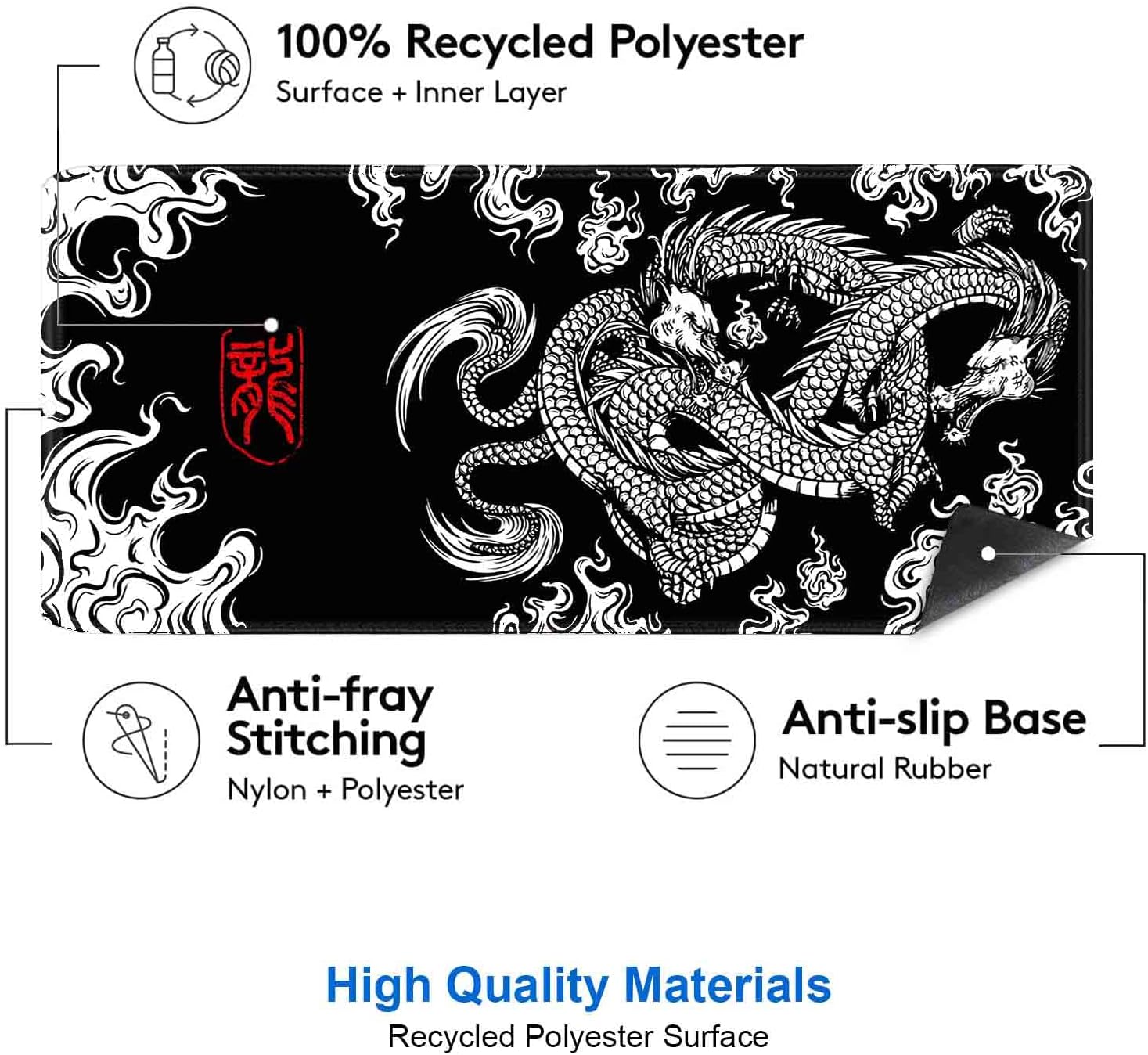 Large Gaming Mouse Pad (35.4x15.7 in), Big Extended Non-Slip Rubber Base Mousepad with Stitched Edges, Keyboard Mouse Mat Desk Pad for Work, Gamer, Office, Computer - Black and White Dragon