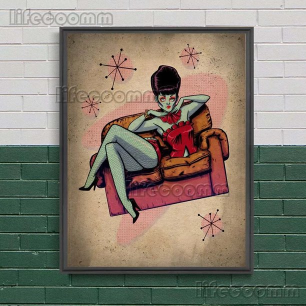 Póster e impresión de Arte de bruja de dibujos animados de viernes y Satán, decoración del hogar, Bat Ghoul y Zombie, novia, arte gótico de pared, pintura en lienzo