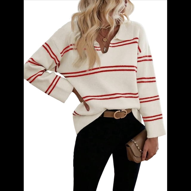 Suéter Informal de Rayas de Larga con Cuello en V para Mujer, Ligero, Holgado, de Punto con Hombros Caídos. Rojo L