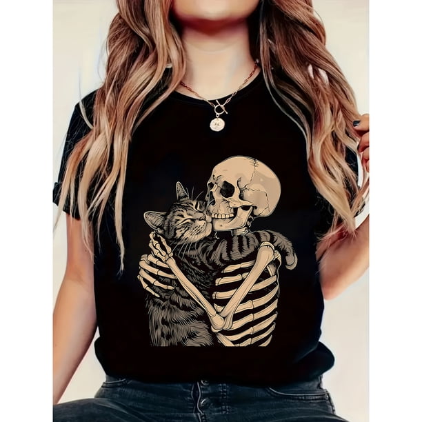 Camiseta de manga corta casual con estampado de gato y calavera de cuello redondo para mujer, nueva colección primaveraverano 2026 Moda y fresca para el verano
