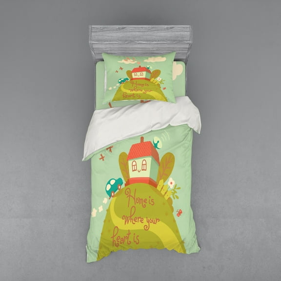 Saying Duvet Cover Set, Home Is Where Your Heart Is Inspirational Text House on the Hilltop, Bedding Set with Shams and Fitted Sheet, 3 Sizes, by Ambesonne