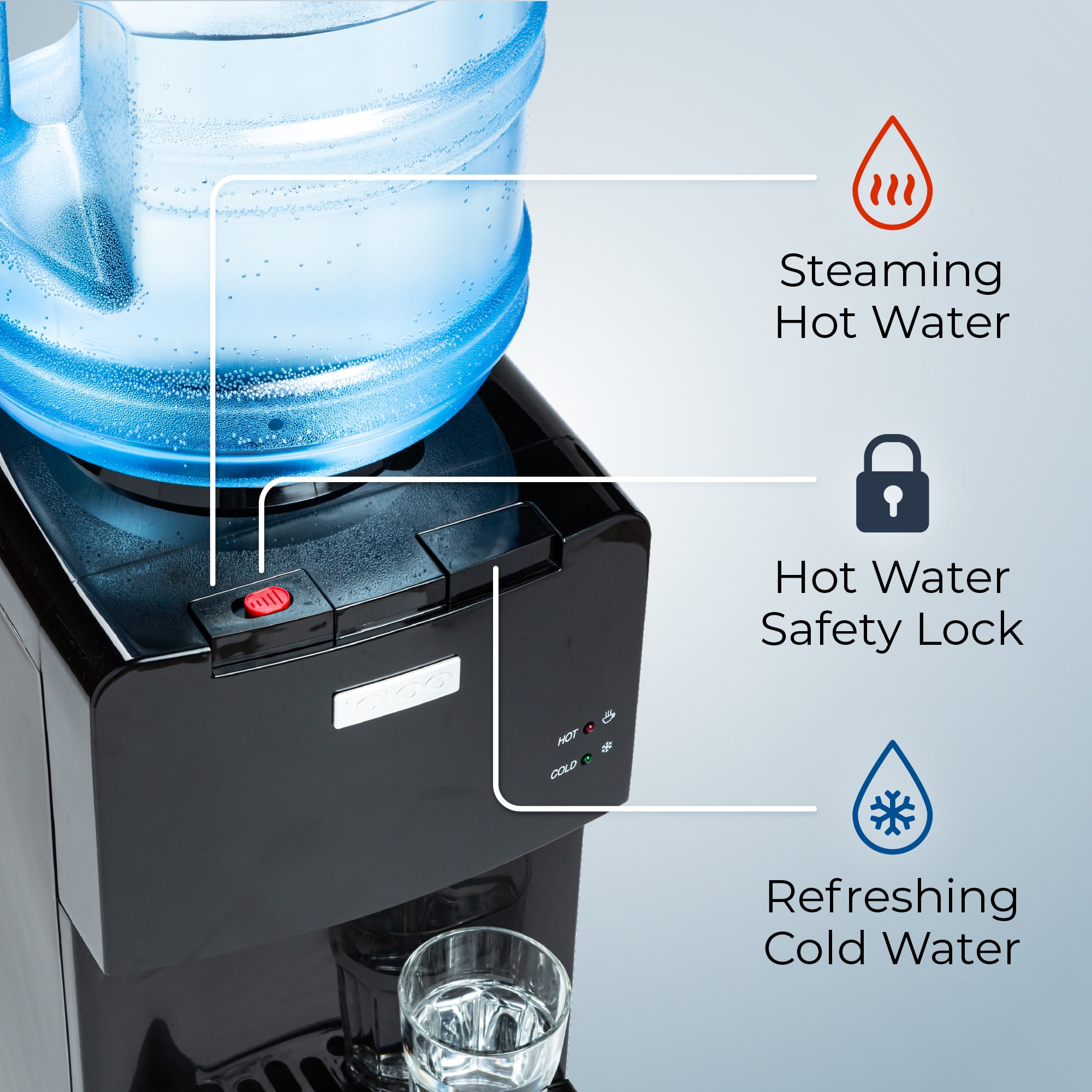 Igloo Water Cooler, Top-Load Water Dispenser for 3-5 gal Bottles with Hot Water Safety Lock, Black