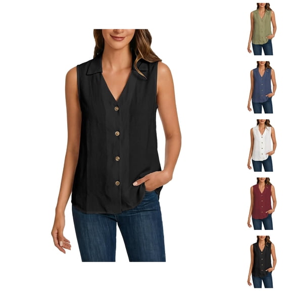 Chiffon Tank Tops for Women Summer V Neck Collared Button Up Loose Sleeveless Shirt Dressy Casual Work Blouse Vest Tops