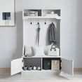 thumbnail image 3 of Merrick Lane Hallway Tree with Bench Seating, 4 Double Coat Hooks, Upper Storage and Double Door Under Bench Storage in White, 3 of 14