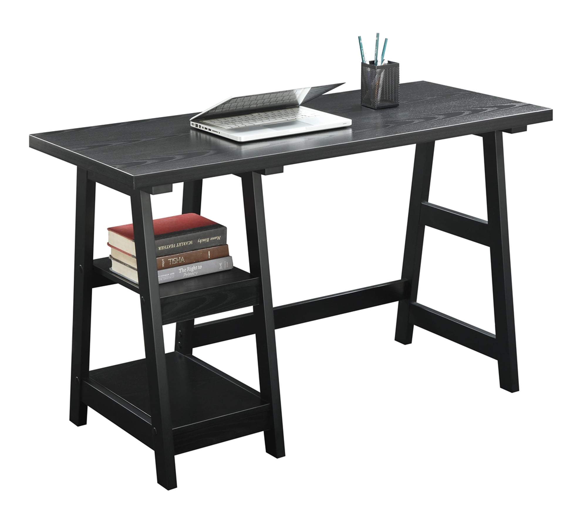 Convenience Concepts Designs2Go 29.25" Tall Trestle Desk with Shelves, Black