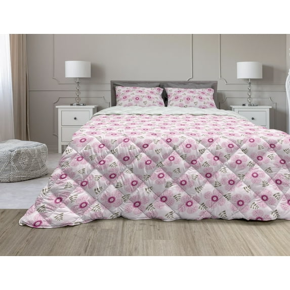 Floral Comforter & Sham Bedding Set, Pink Blossoms with Dotted Petals and Leaves Girlish, 3 pcs Duvet Set Microfiber Filling Quilt, 5 Sizes, Pale Pink Magenta, by Ambesonne
