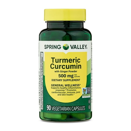 Spring Valley Turmeric Curcumin with Ginger Powder Dietary Supplement Vegetarian Capsules for General Wellness, 500 mg, 90 Count