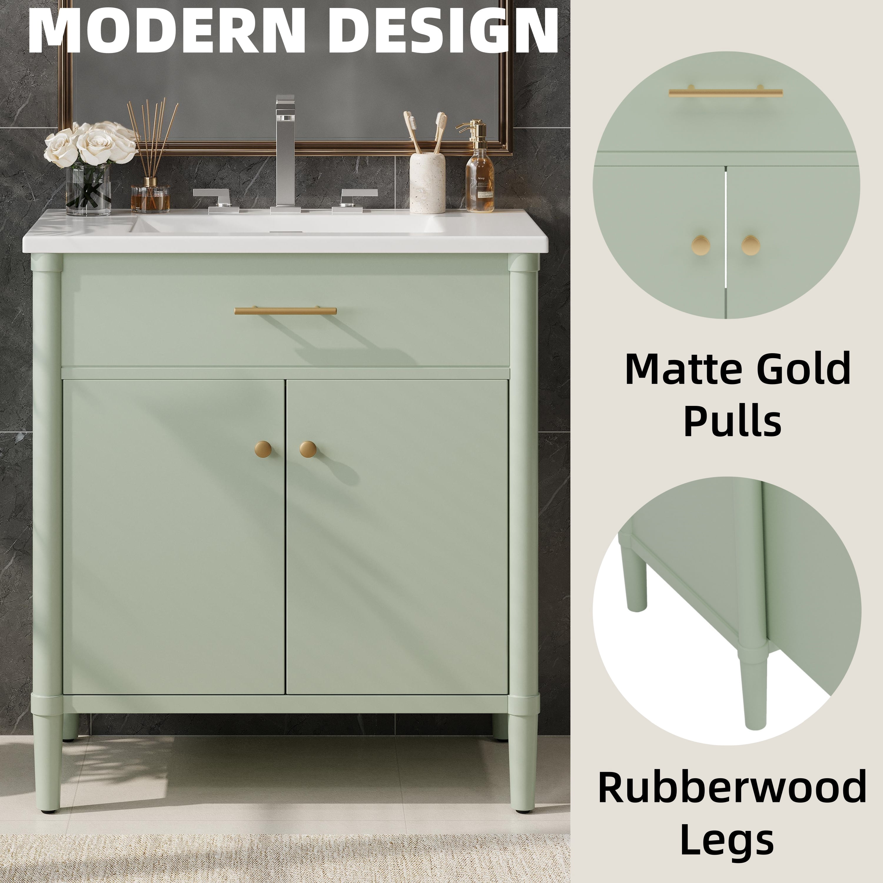 Euroco 31" Bathroom Vanity with Sink, Bathroom Cabinet with Soft Close Doors and Adjustable Shelf, Curved Profile Design, Rubber Wood Legs, Green