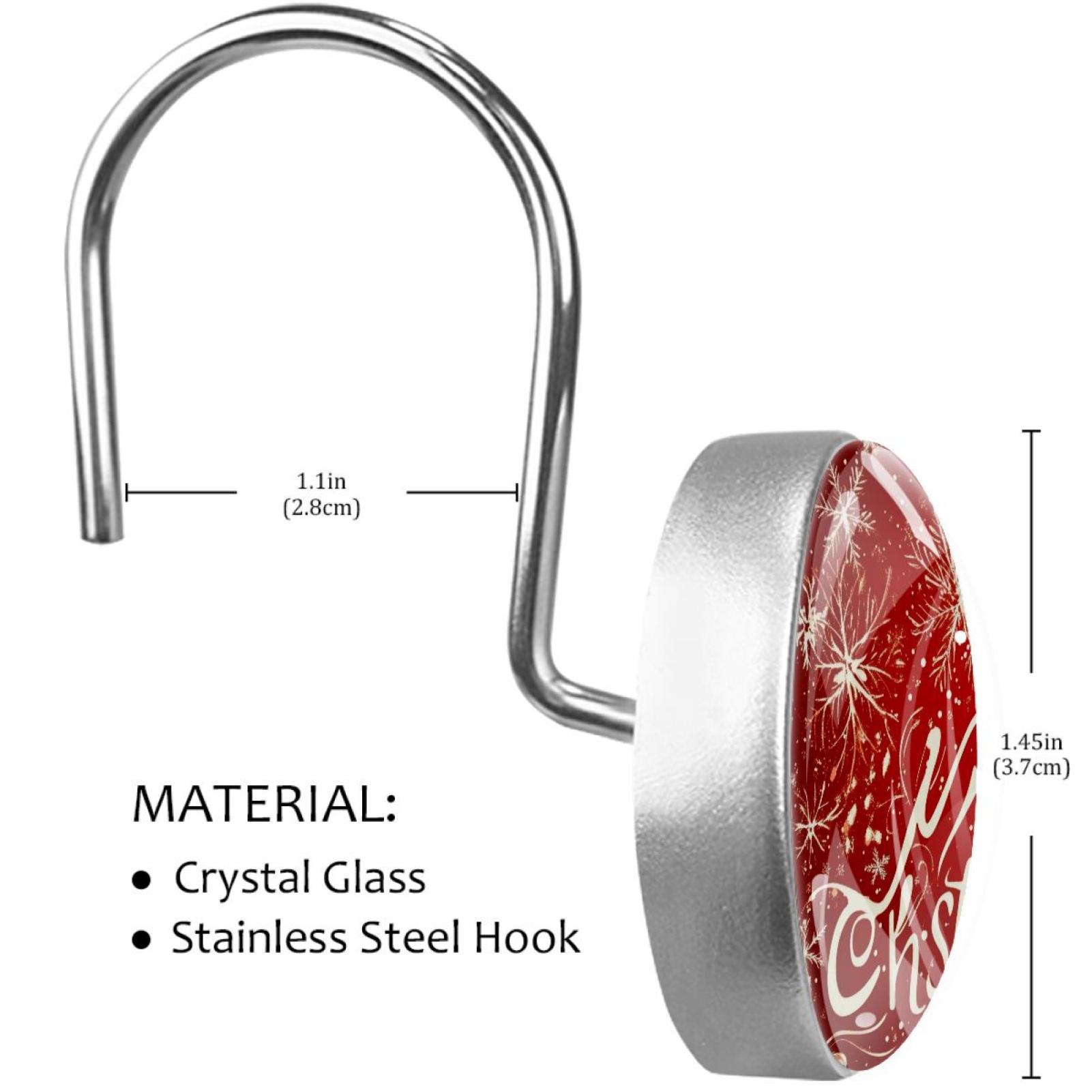 Merry Christmas Snowflakes Red Shower Curtain Hooks Round Crystal Glass, Set of 12 Shower Curtain Rings - Shower Hooks for Curtain Shower Rings