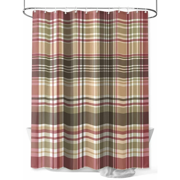 Red Brown Plaid Shower Curtain, Country Farmhouse Checkered Bathroom Decor Curtains Set with Hooks, Waterproof Fabric Home Accessories， Stall 36 X 72 Inch