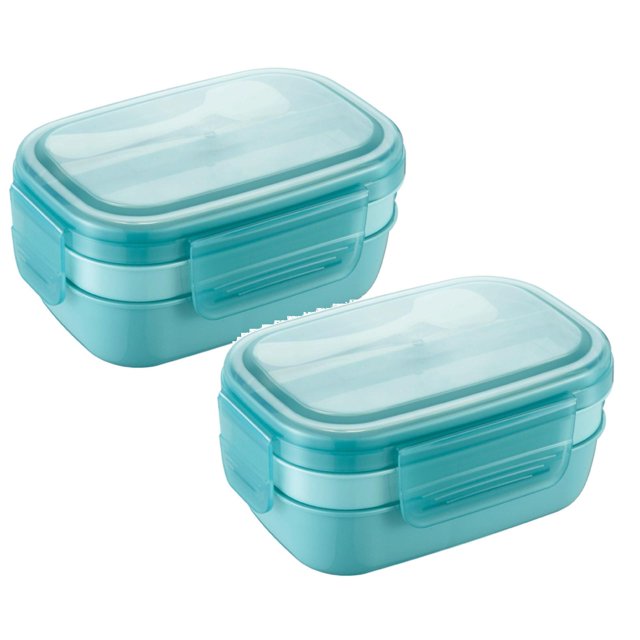 Oleegame 2PC Produce Storage Box Lunch Box Neutral Lunch Box Stackable Split Lunch Box 67 Ounces Built In Cutlery 3 Compartments Microwave And Dishwasher Blue
