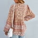 thumbnail image 5 of Camisas bohemias informales para mujer, estampado floral, con botones, cuello en V, manga larga, con cordón, blusas sueltas y fluidas, color caqui XL, 5 of 6