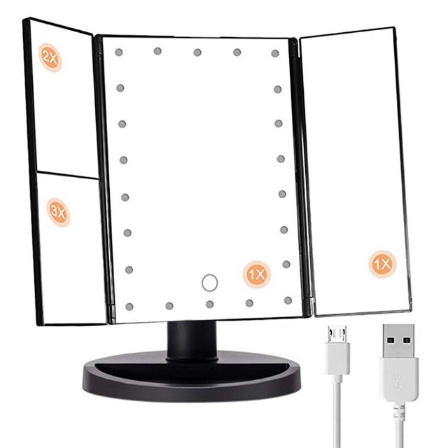 Espejo de maquillaje LED con luz, espejo de maquillaje plegable con aumento luminoso, espejo de maquillaje de escritorio con luz de maquillaje, espejo de maquillaje de tres pliegues