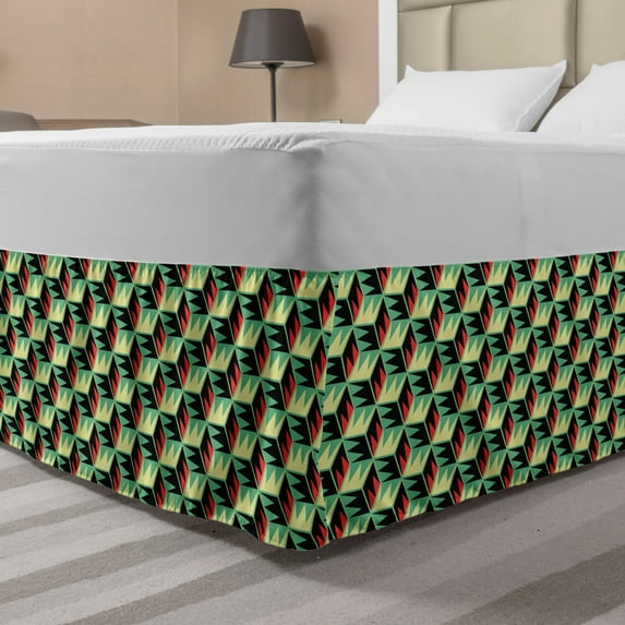 Mosaic Bed Skirt, Retro Design Abstract Hexagon Shapes Geometric Minimalistic Art, Elastic Bedskirt Dust Ruffle Wrap Around for Bedding Decor, 4 Sizes, Dark Coral Green and Yellow, by Ambesonne