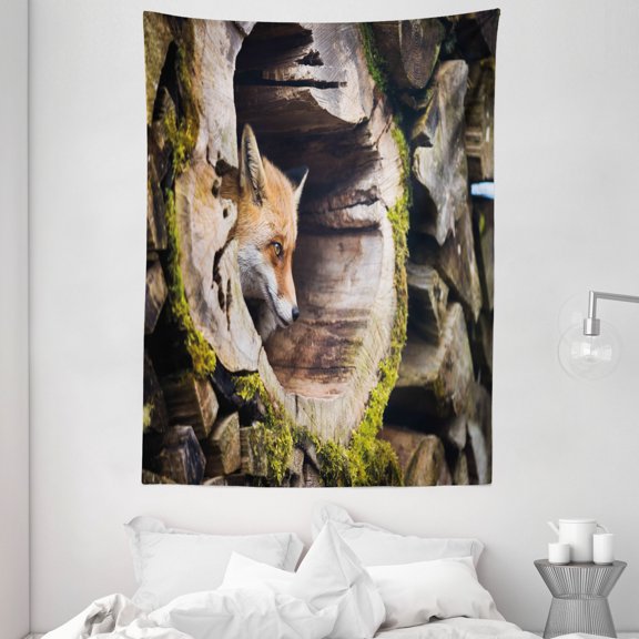 Animal Decor Tapestry, True Fox Vulpes inside Wood Log Holes Exotic Furry Creature Wildlife Creature Design, Wall Hanging for Bedroom Living Room Dorm Decor, 60W X 80L Inches, Tan, by Ambesonne