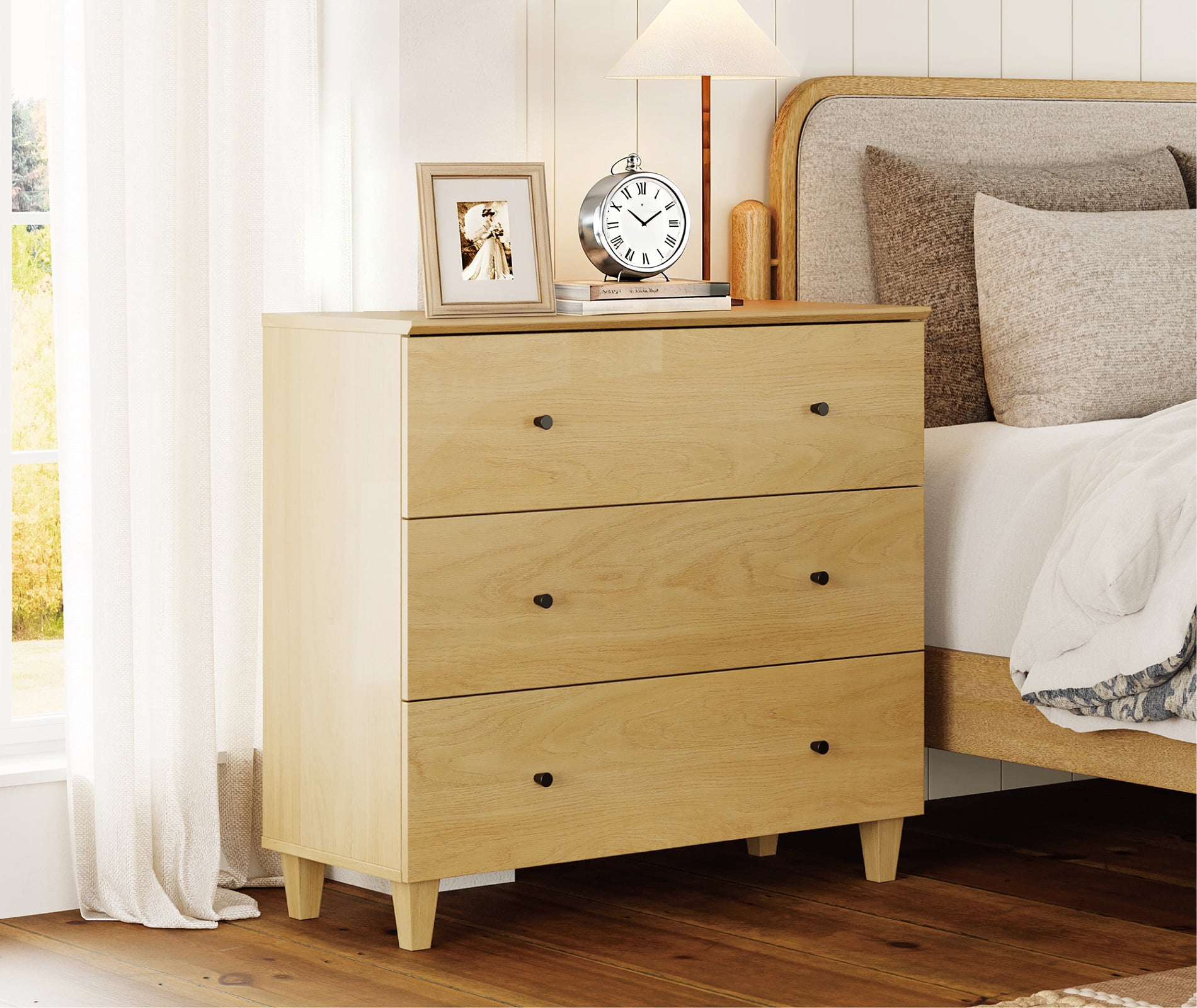WAMPAT Large 3-Drawer Nightstand, 36" Wide Wooden Bedside Table with Deep Storage, Modern Oversized End Table for Bedroom, Oak Wood