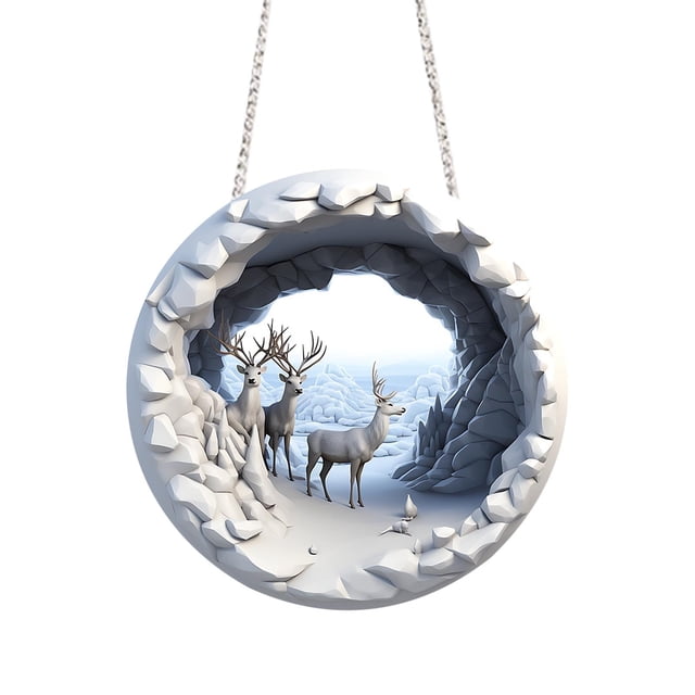 D Round Acrylic Reindeer Hanging Sign For Christmas Decorations - Double-Sided Printed Design - Size 7.87 Inches - Includes Hook And Chain - Perfect For Wall Decor In Home Office - Weight
