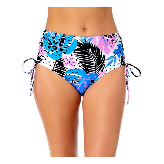 California Waves Women's White Tropical Print Stretch Lace-Up Bikini Lined Moderate Coverage Tie High Waisted Swimsuit Bottom XS