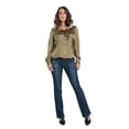 thumbnail image 3 of Miss Halladay women Olive Satin Blouse Adjustable Long Sleeve Cascading Collar Cargo Pocket, 3 of 3